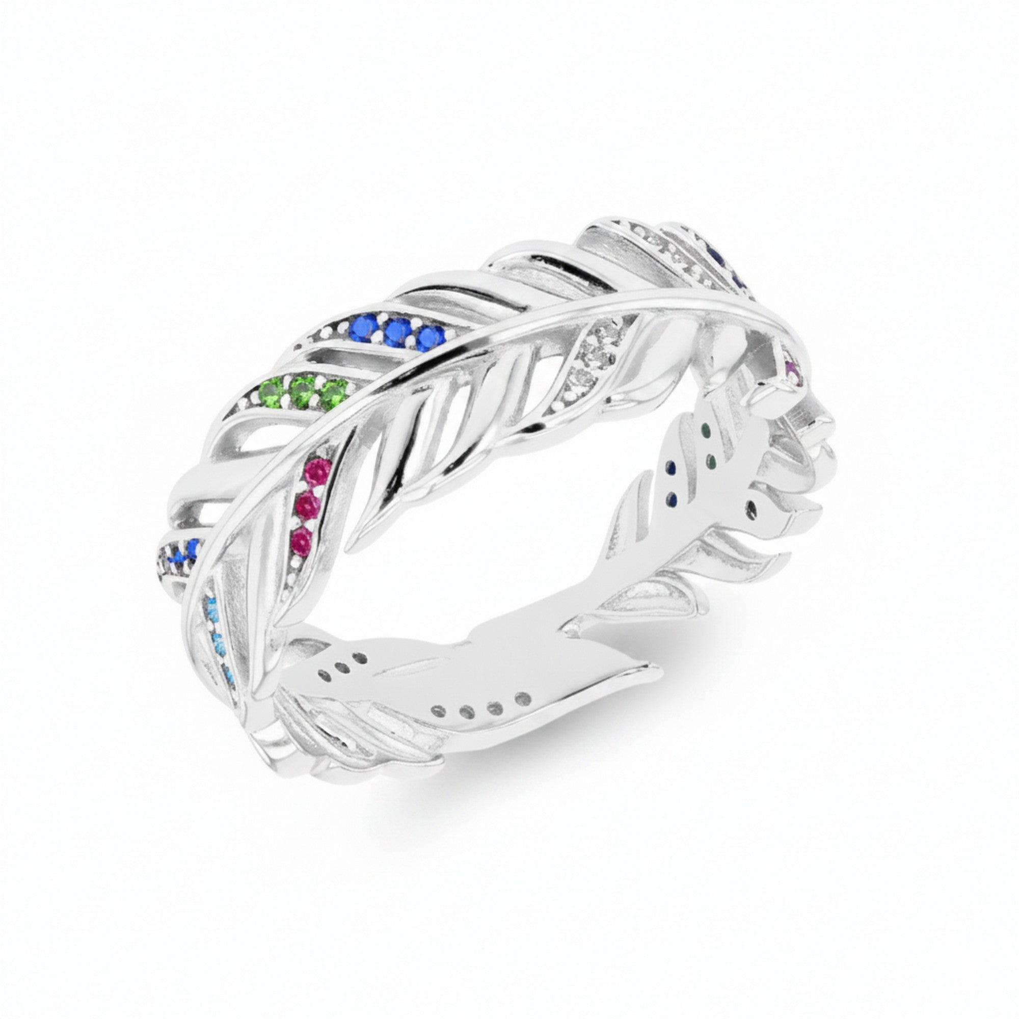Sterling Silver Multi Coloured Cubic Zirconia Feather Ring 10421
