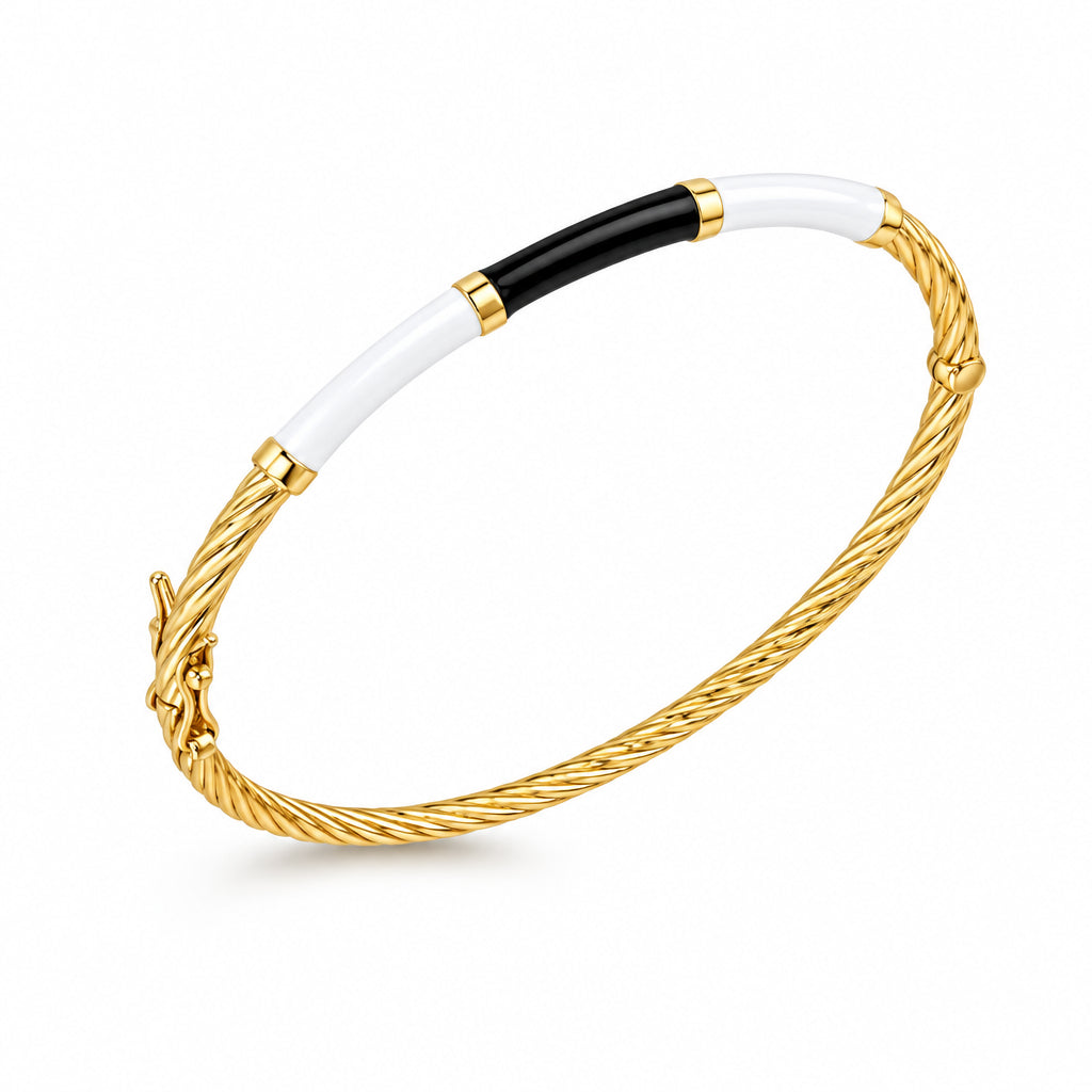 Silver Yellow Gold Plated Black & White Enamel Bangle 11626