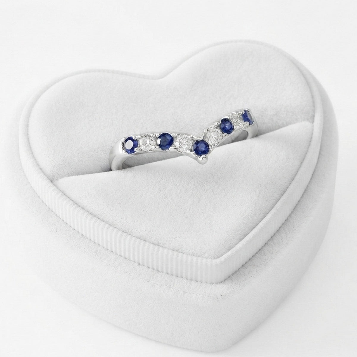Silver Synthetic Sapphire & White CZ Wishbone Ring 1787