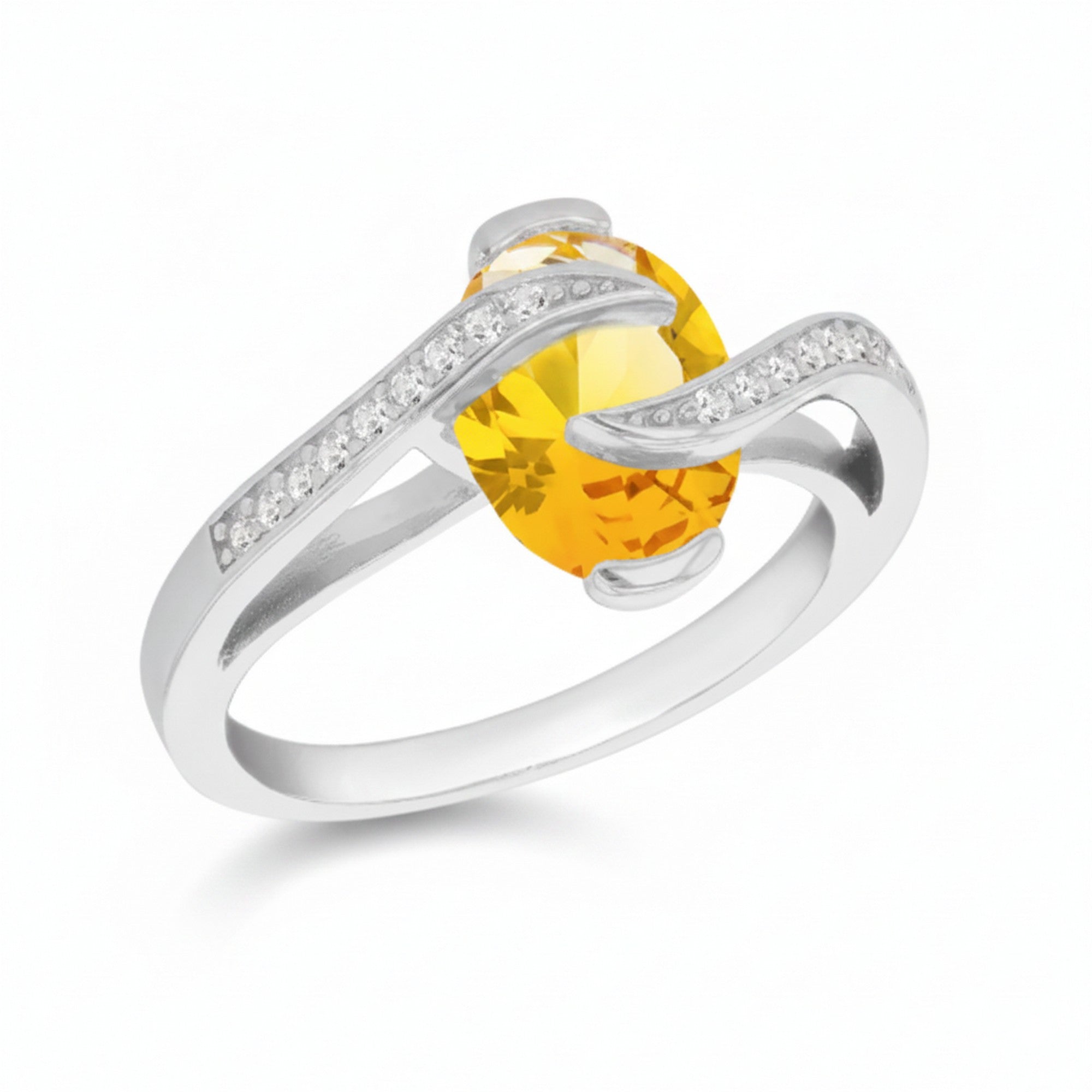 Sterling Silver Rhodium Plated Yellow Oval & White Cubic Zirconia Crossover Ring 5032