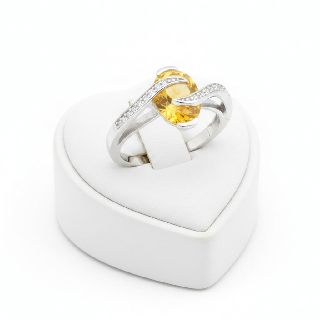 Sterling Silver Rhodium Plated Yellow Oval & White Cubic Zirconia Crossover Ring 5032