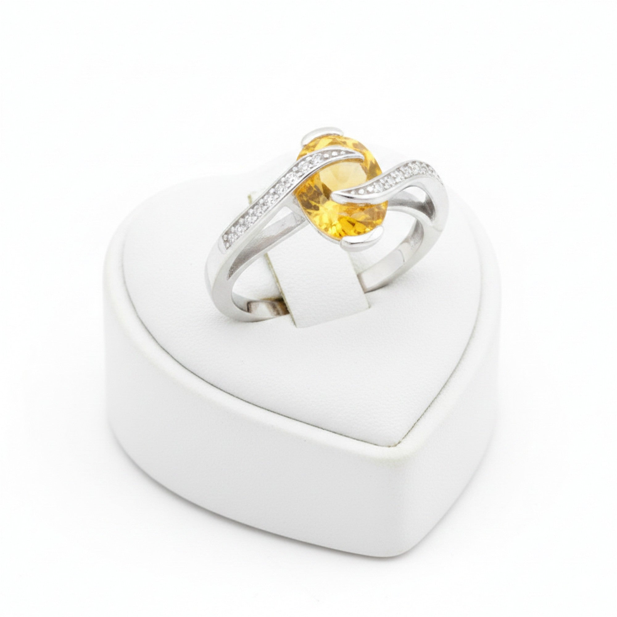 Sterling Silver Rhodium Plated Yellow Oval & White Cubic Zirconia Crossover Ring 5032