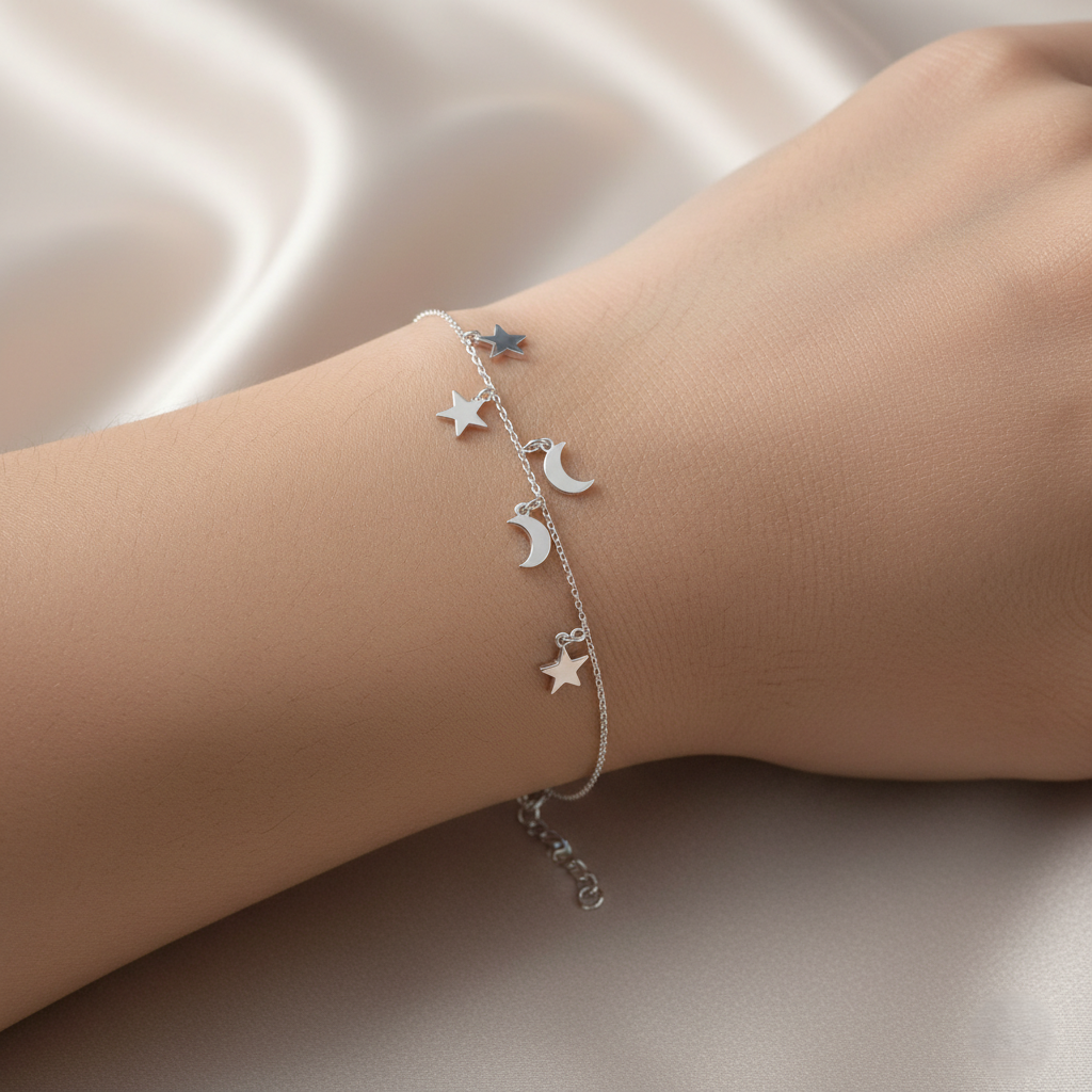 Sterling Silver Rhodium Plated Moon & Stars Bracelet 7261