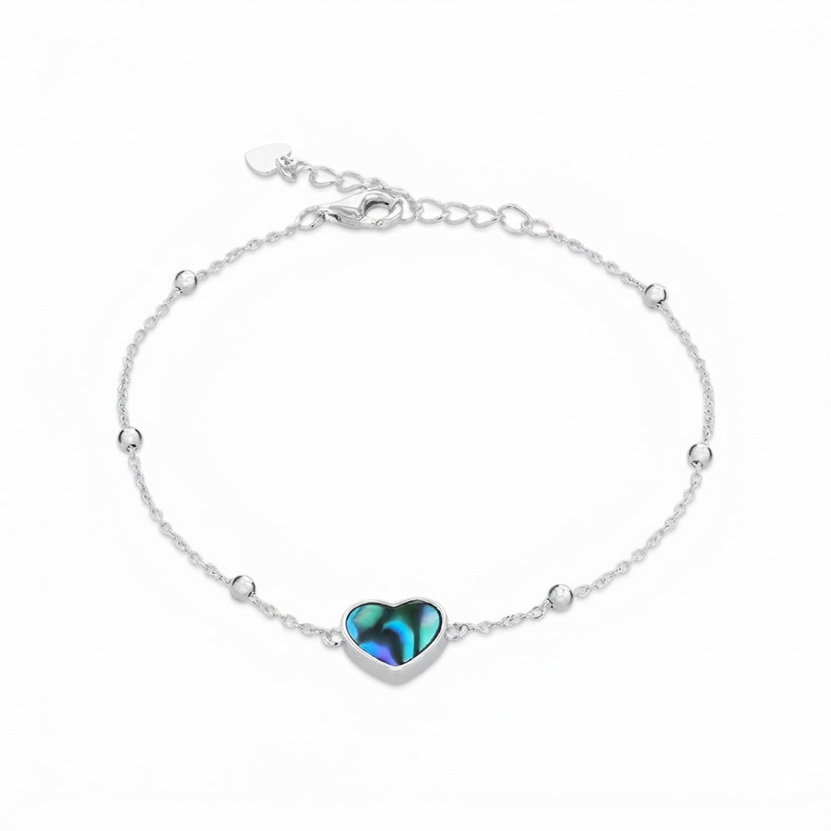 Silver Rhodium Plated Paua Shell Heart Trace & Ball Bracelet 12508