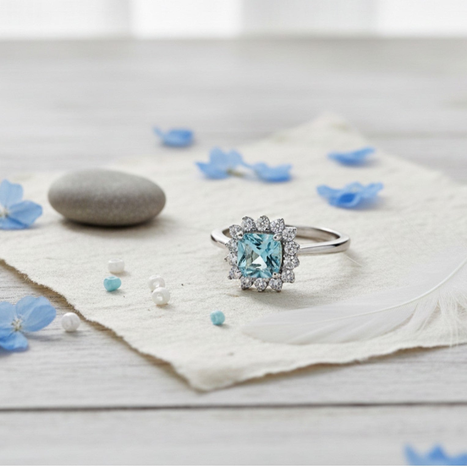 9ct White Gold Blue Topaz and 0.18pts Diamond Flower Cluster Ring DBTR855WWIT