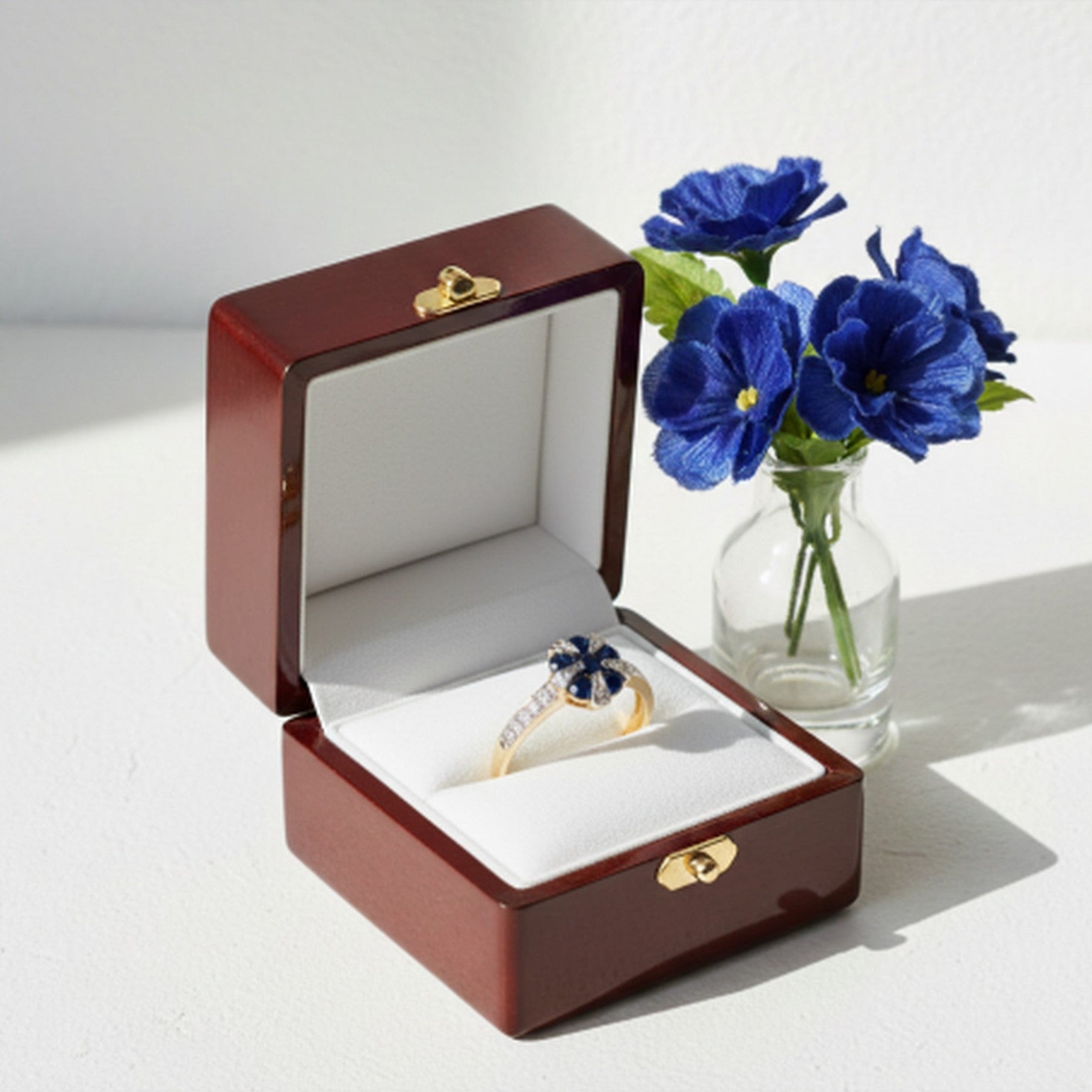 9ct Yellow Gold Sapphire 0.05ct Diamond & Flower Ring DSR1686WIT