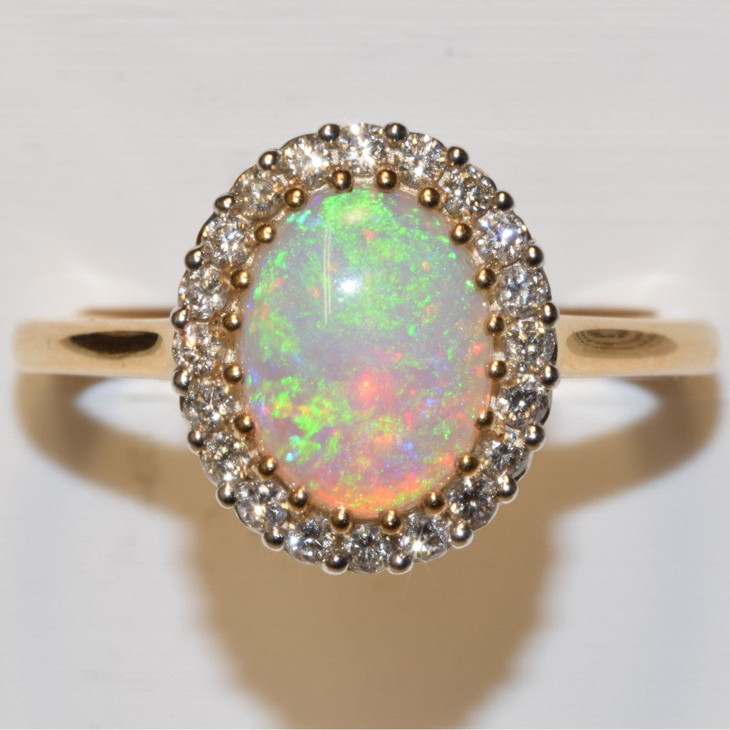 9ct Yellow Gold 0.24ct Diamond & Large Oval-Cut Opal Halo Cluster Ring 11859