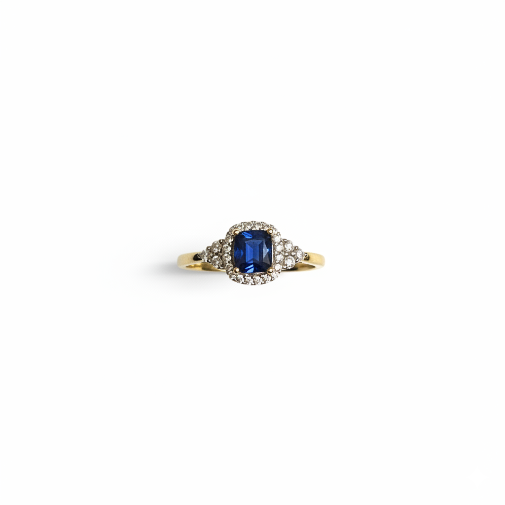9ct Yellow Gold 0.15ct Diamond & Sapphire Cushion-Cut Halo Cluster Ring 11857