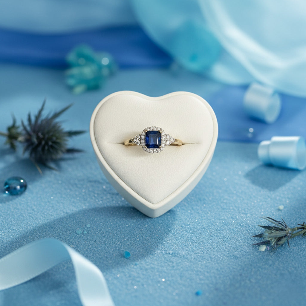 9ct Yellow Gold 0.15ct Diamond & Sapphire Cushion-Cut Halo Cluster Ring 11857