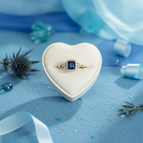 9ct Yellow Gold 0.15ct Diamond & Sapphire Cushion-Cut Halo Cluster Ring 11857