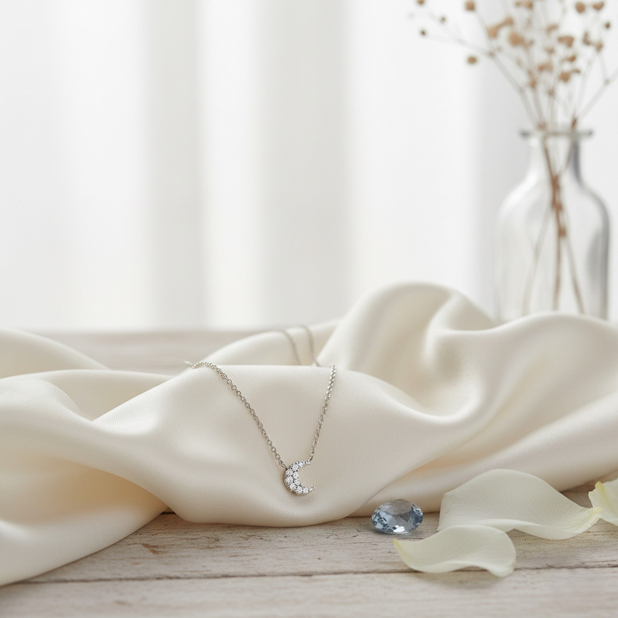 Sterling Silver 18" Small CZ Crescent Moon Necklace TL-G3359