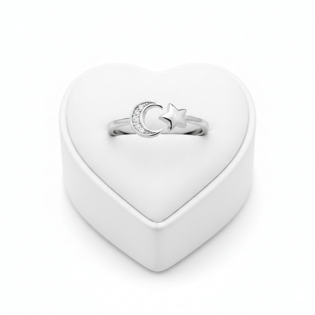 Sterling Silver Rhodium Plated Star & Moon Ring 9245