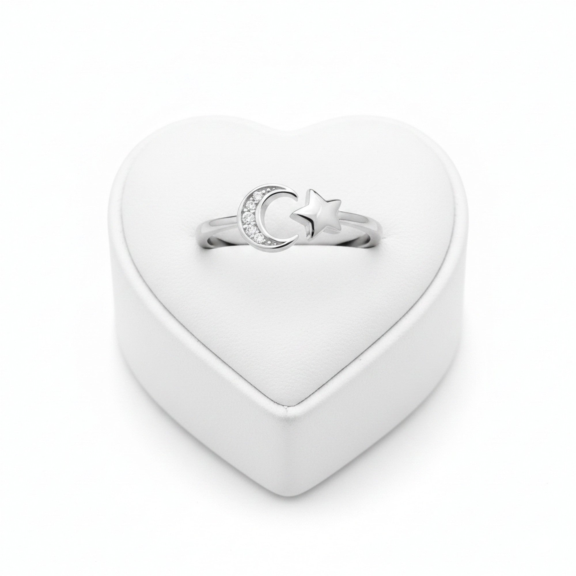 Sterling Silver Rhodium Plated Star & Moon Ring 9245