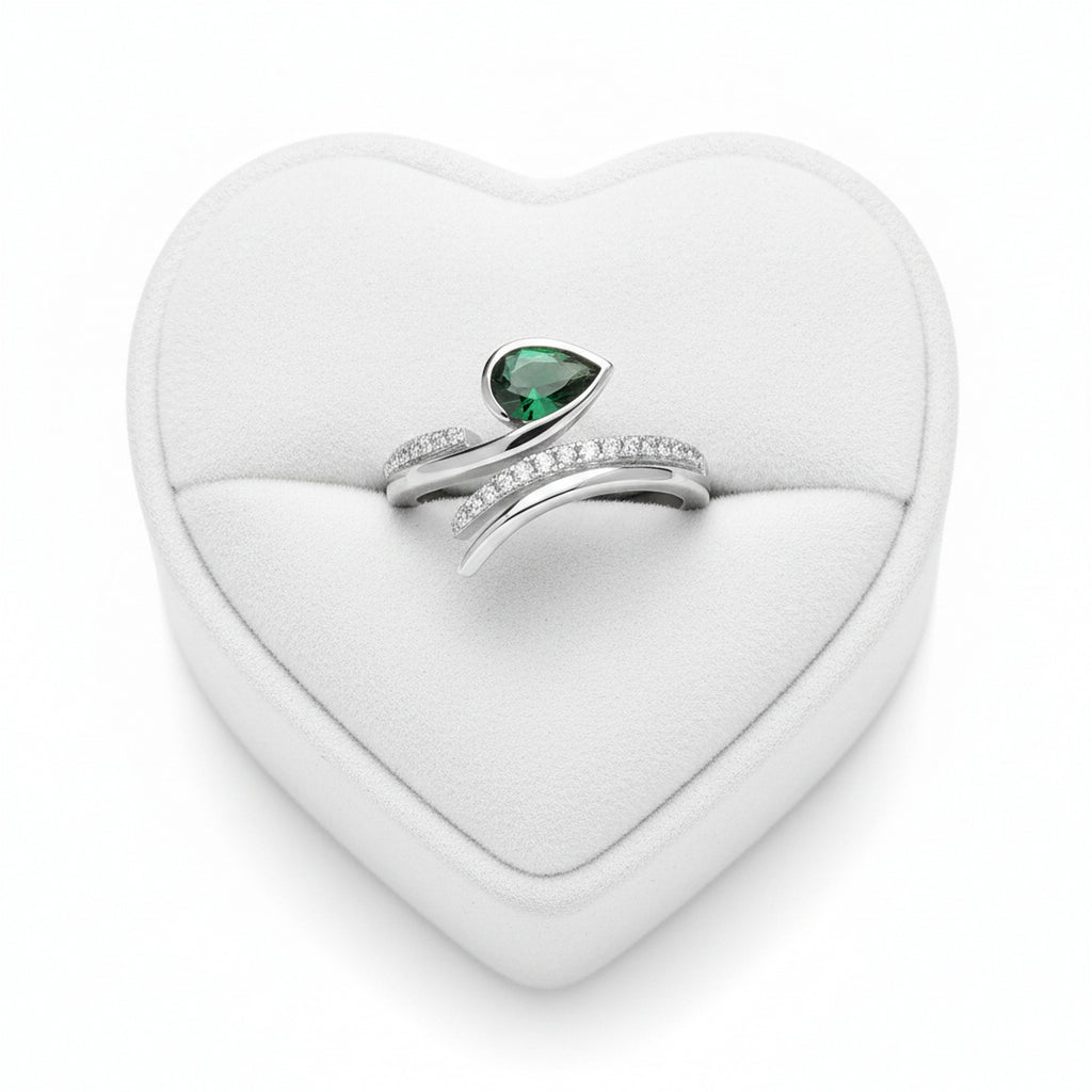 Sterling Silver Rhodium Plated Double Wrap CZ & Emerald Crystal Ring 11699