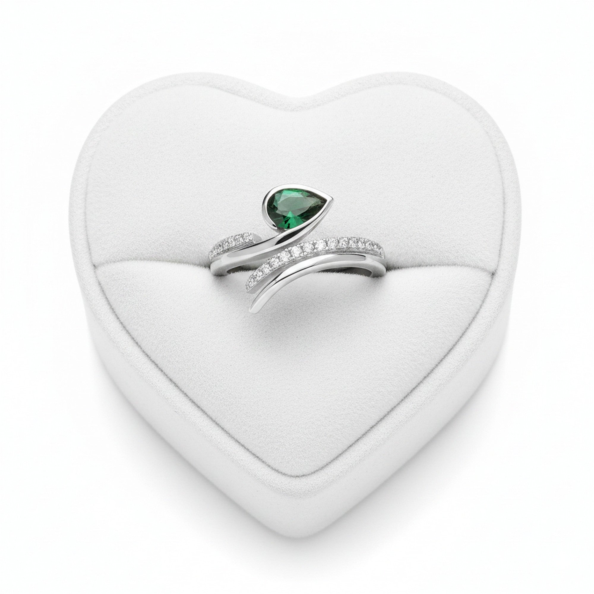 Sterling Silver Rhodium Plated Double Wrap CZ & Emerald Crystal Ring 11699