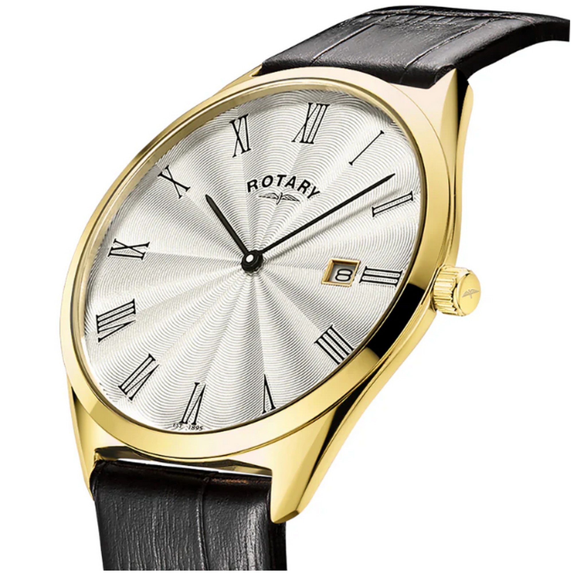 Rotary Gents S/Steel Gold Plated Ultra-Slim Black Leather Strap Watch GS08013/01
