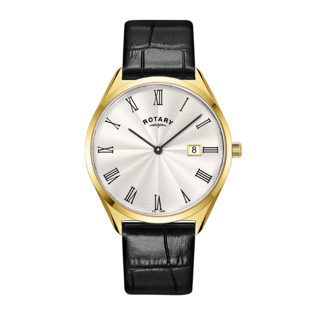 Rotary Gents S/Steel Gold Plated Ultra-Slim Black Leather Strap Watch GS08013/01