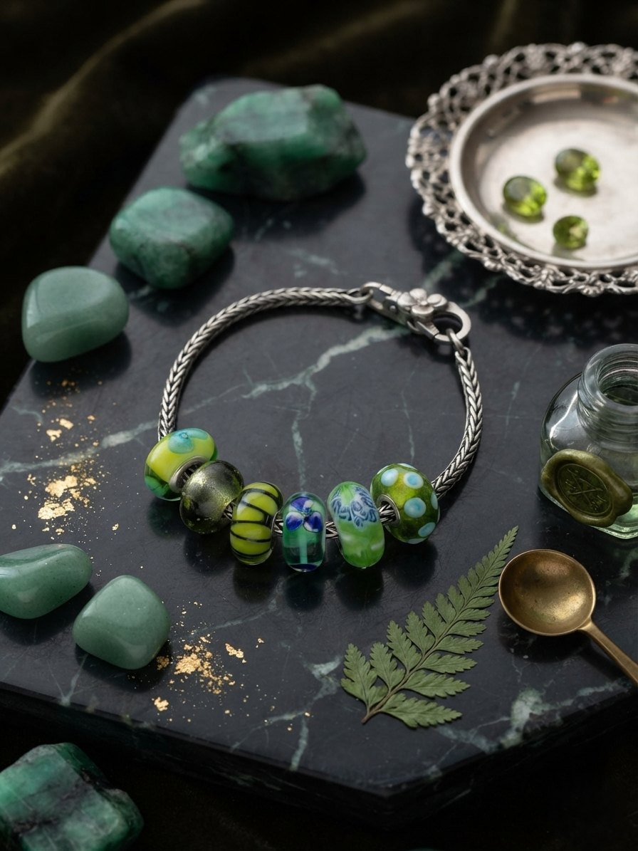Troll Bracelet & 6 Green Coloured Beads