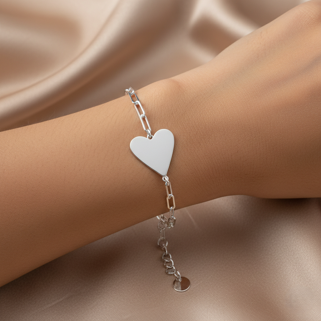 Sterling Silver Plain Heart Paperlink Bracelet 10232