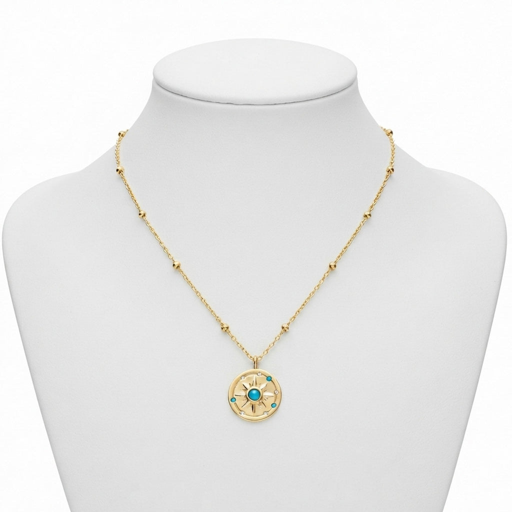 Sterling Silver Yellow Gold Plated CZ & Turquoise Sun Disc Necklace 11333