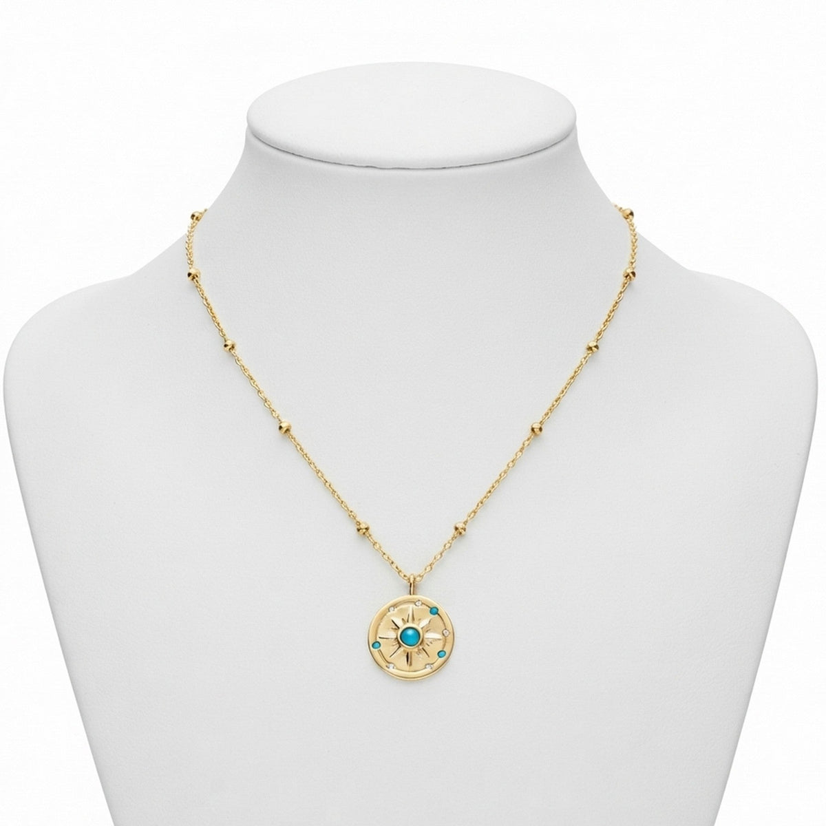 Sterling Silver Yellow Gold Plated CZ & Turquoise Sun Disc Necklace 11333