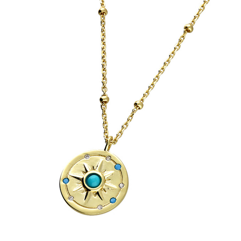 Sterling Silver Yellow Gold Plated CZ & Turquoise Sun Disc Necklace 11333