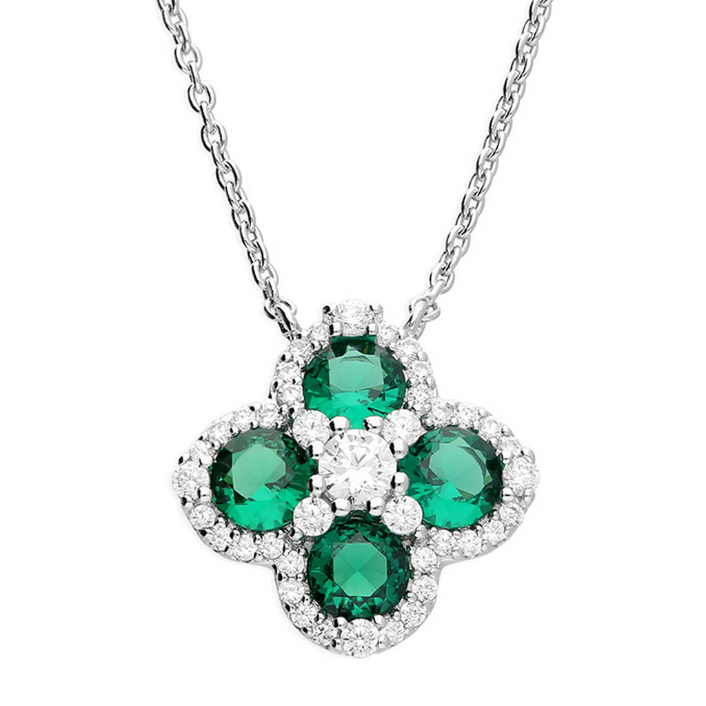 Sterling Silver Green Quatrefoil Clover Pendant and Chain 11732