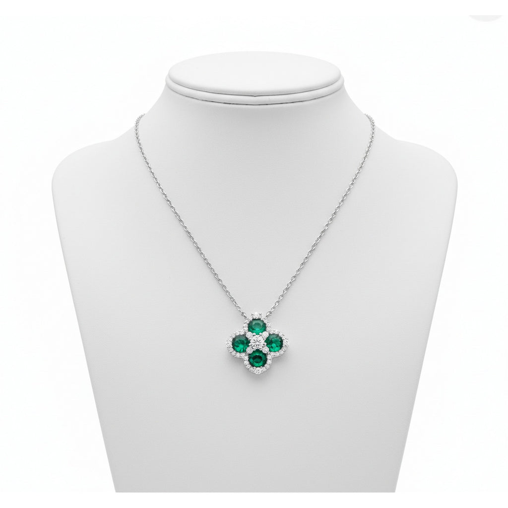Sterling Silver Green Quatrefoil Clover Pendant and Chain 11732
