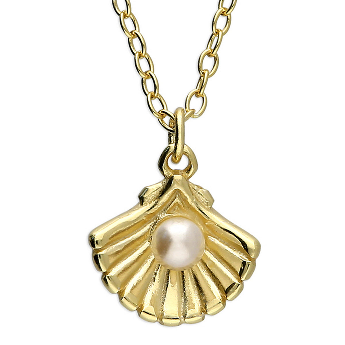 Silver Yellow Gold Plate Open Shell Synthetic Pearl Necklace 11717