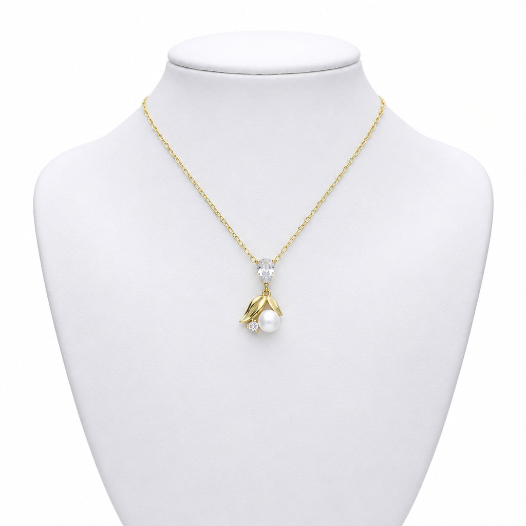 Sterling Silver Yellow Gold Plated Synthetic Pearl & CZ Necklace 11782