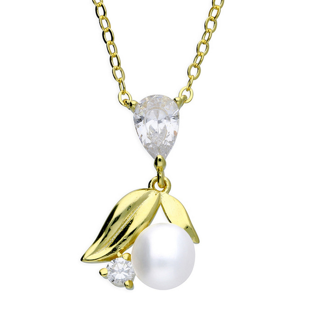 Sterling Silver Yellow Gold Plated Synthetic Pearl & CZ Necklace 11782
