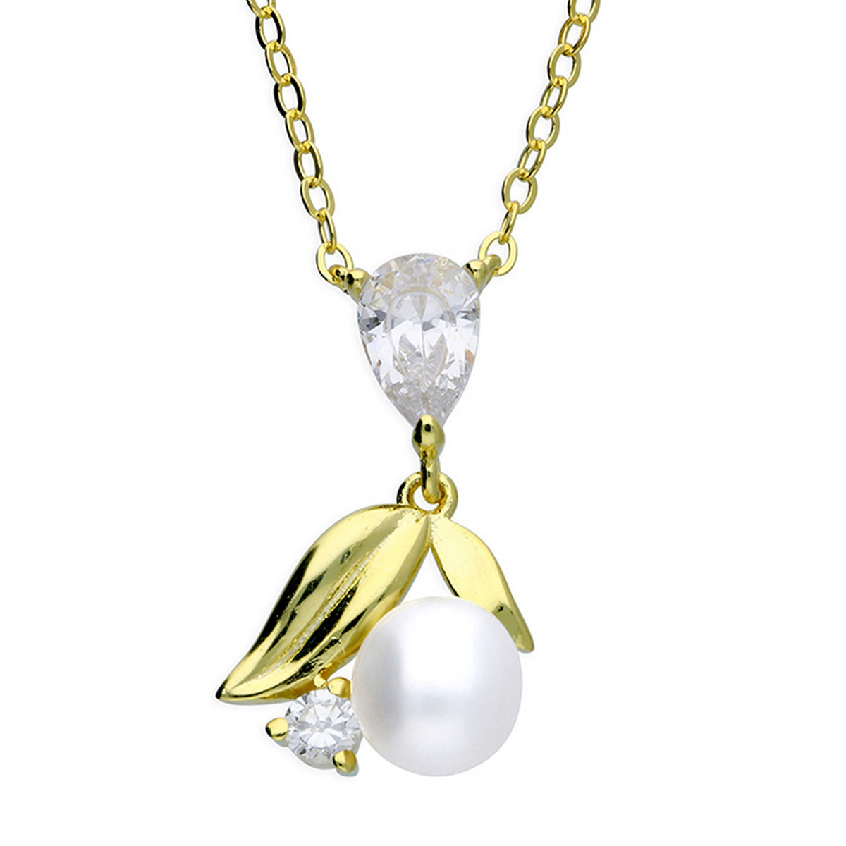 Sterling Silver Yellow Gold Plated Synthetic Pearl & CZ Necklace 11782