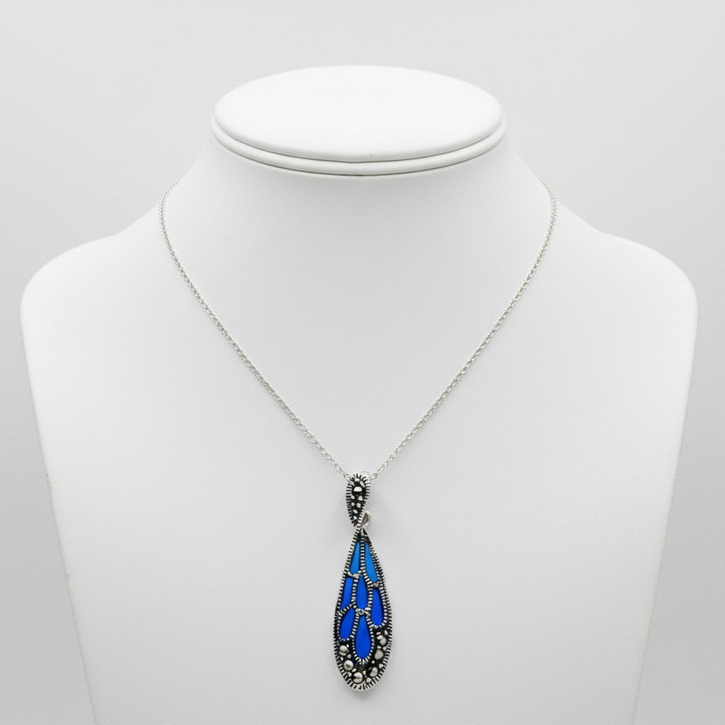 Sterling Silver 18" Chain & Marcasite Blue Green Epoxy Teardrop Pendant  CE-H7120/M
