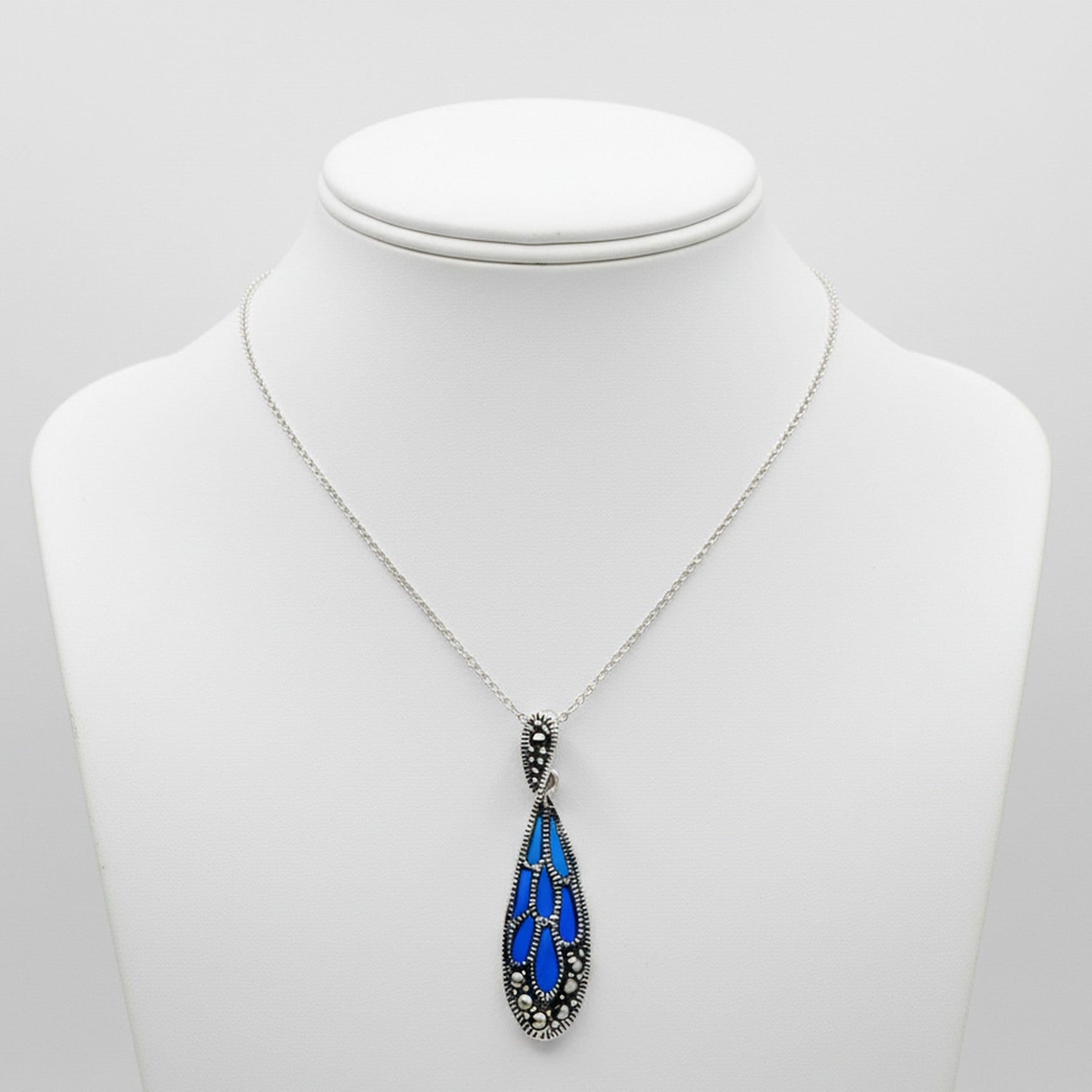 Sterling Silver 18" Chain & Marcasite Blue Green Epoxy Teardrop Pendant  CE-H7120/M