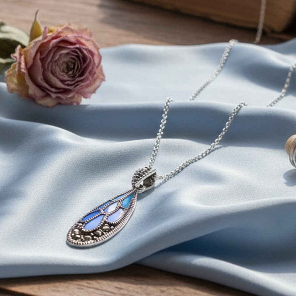 Sterling Silver 18" Chain & Marcasite Blue Green Epoxy Teardrop Pendant  CE-H7120/M