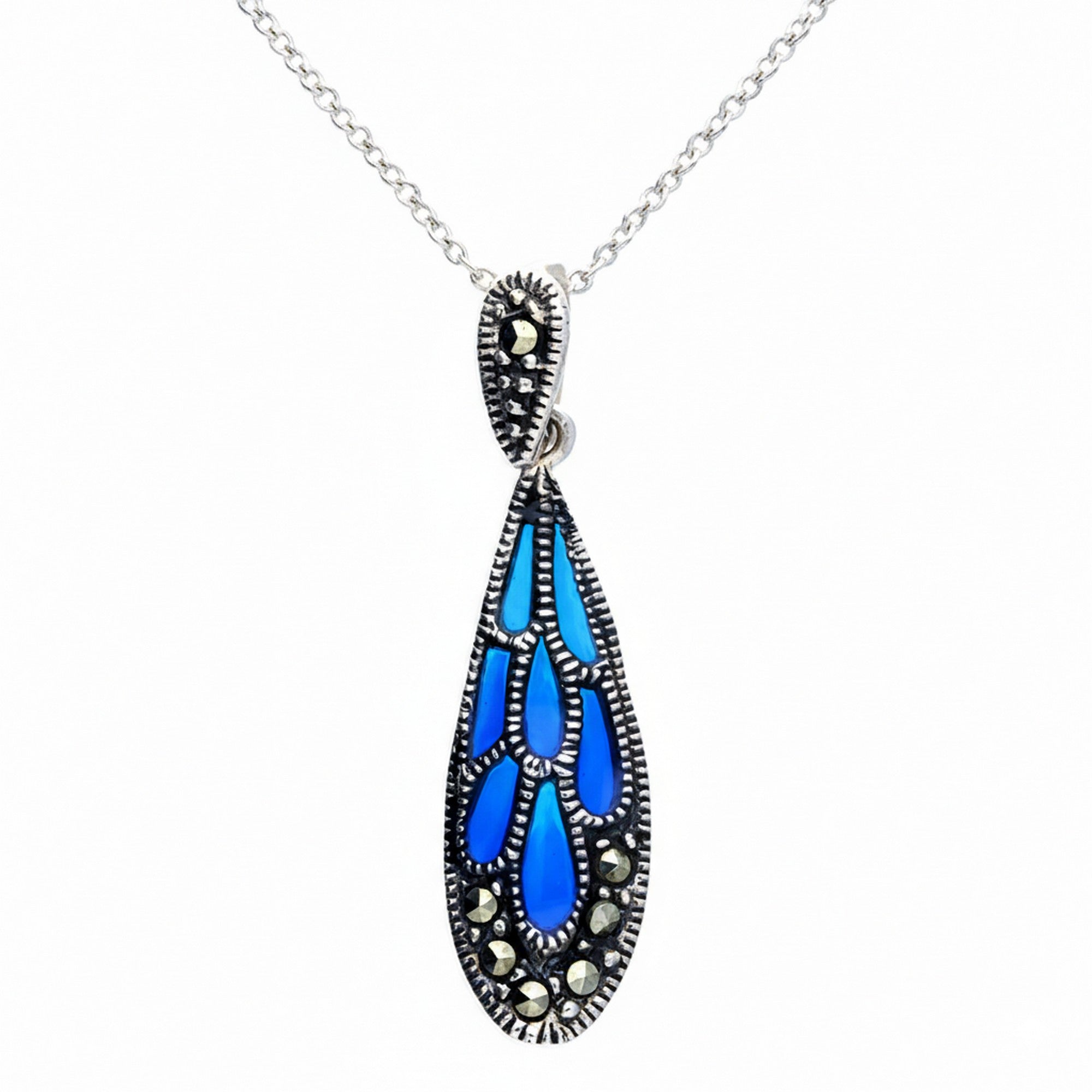 Sterling Silver 18" Chain & Marcasite Blue Green Epoxy Teardrop Pendant  CE-H7120/M