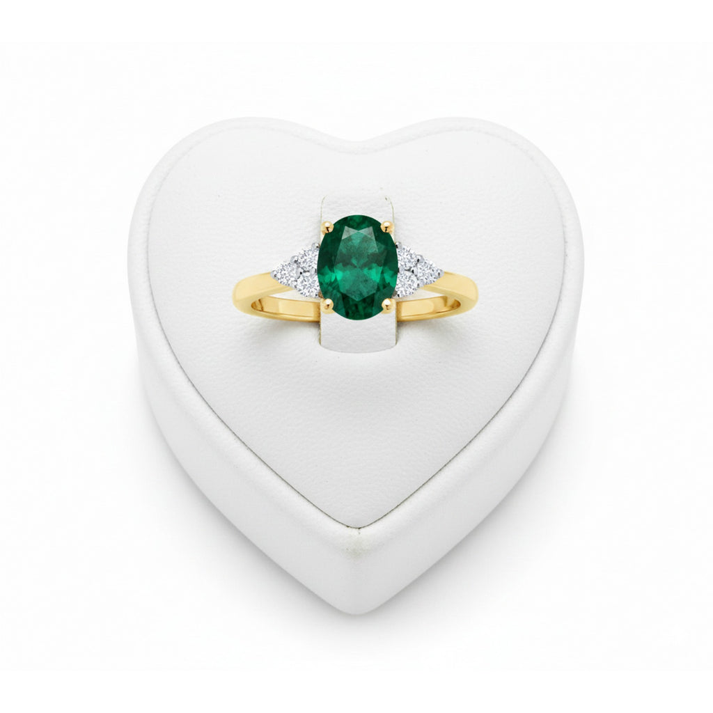 9ct Yellow Gold Oval Lab Grown Emerald & 0.15pts Diamond Ring 12242