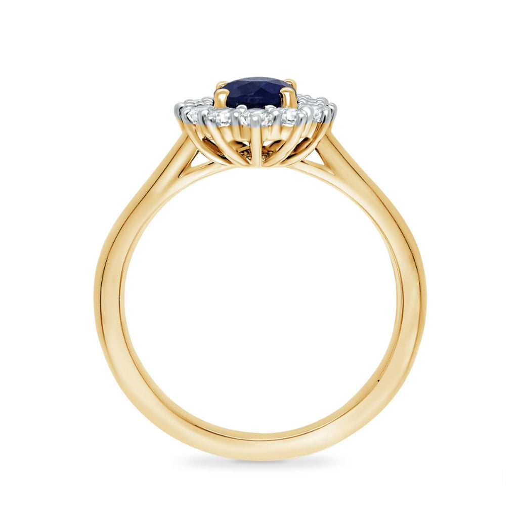 9ct Yellow Gold 7x5mm Oval Lab Created Sapphire & 0.33cts Diamond Cluster Ring 12244
