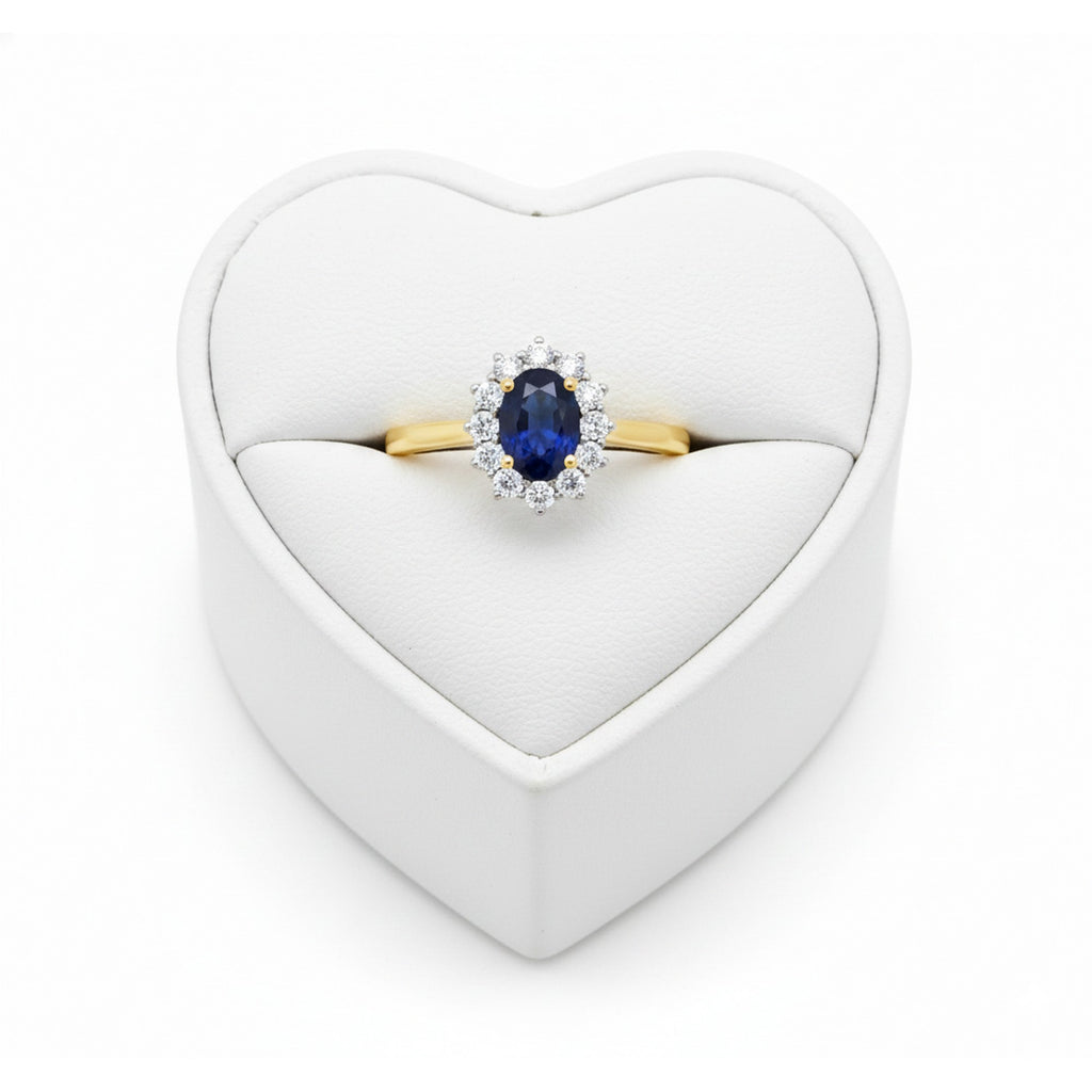 9ct Yellow Gold 7x5mm Oval Lab Created Sapphire & 0.33cts Diamond Cluster Ring 12244