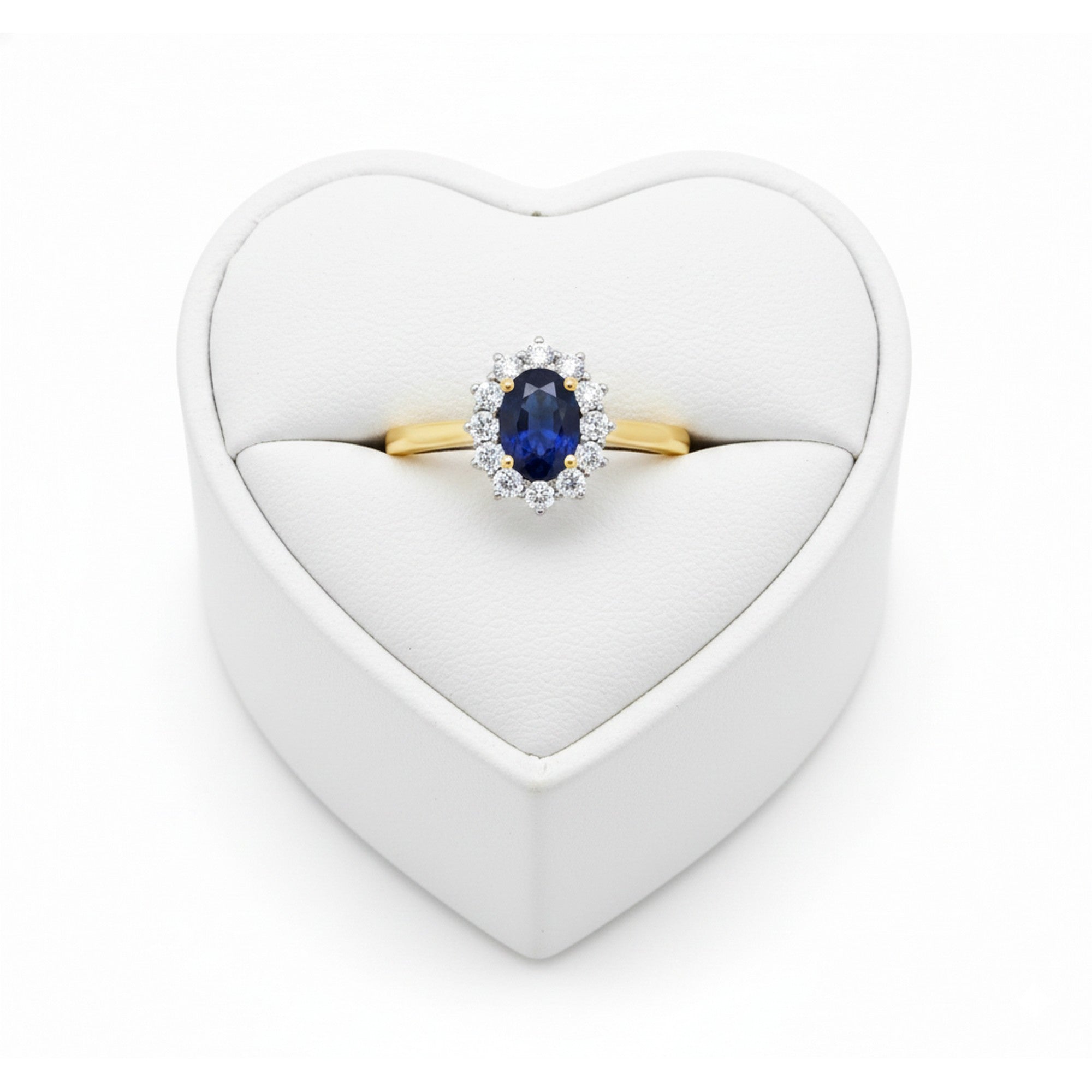 9ct Yellow Gold 7x5mm Oval Lab Created Sapphire & 0.33cts Diamond Cluster Ring 12244