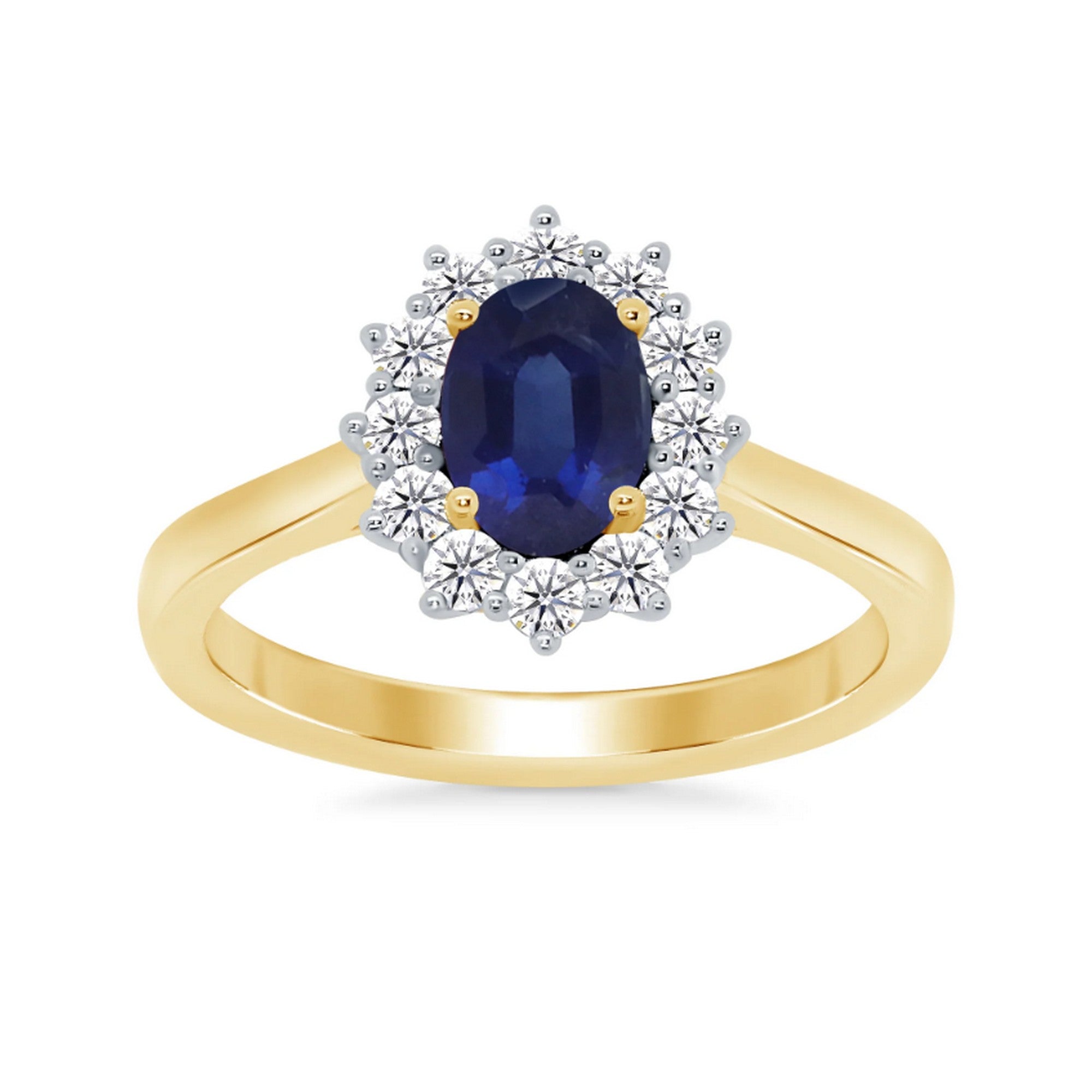 9ct Yellow Gold 7x5mm Oval Lab Created Sapphire & 0.33cts Diamond Cluster Ring 12244