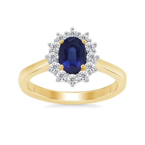 9ct Yellow Gold 7x5mm Oval Lab Created Sapphire & 0.33cts Diamond Cluster Ring 12244