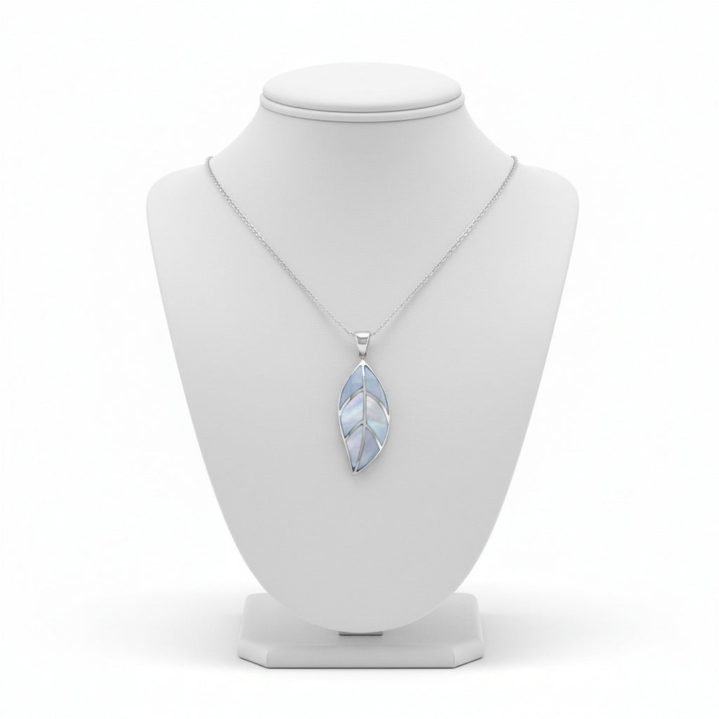 Sterling Silver 18" Chain & Veined Blue Mother of Pearl Necklace 2421