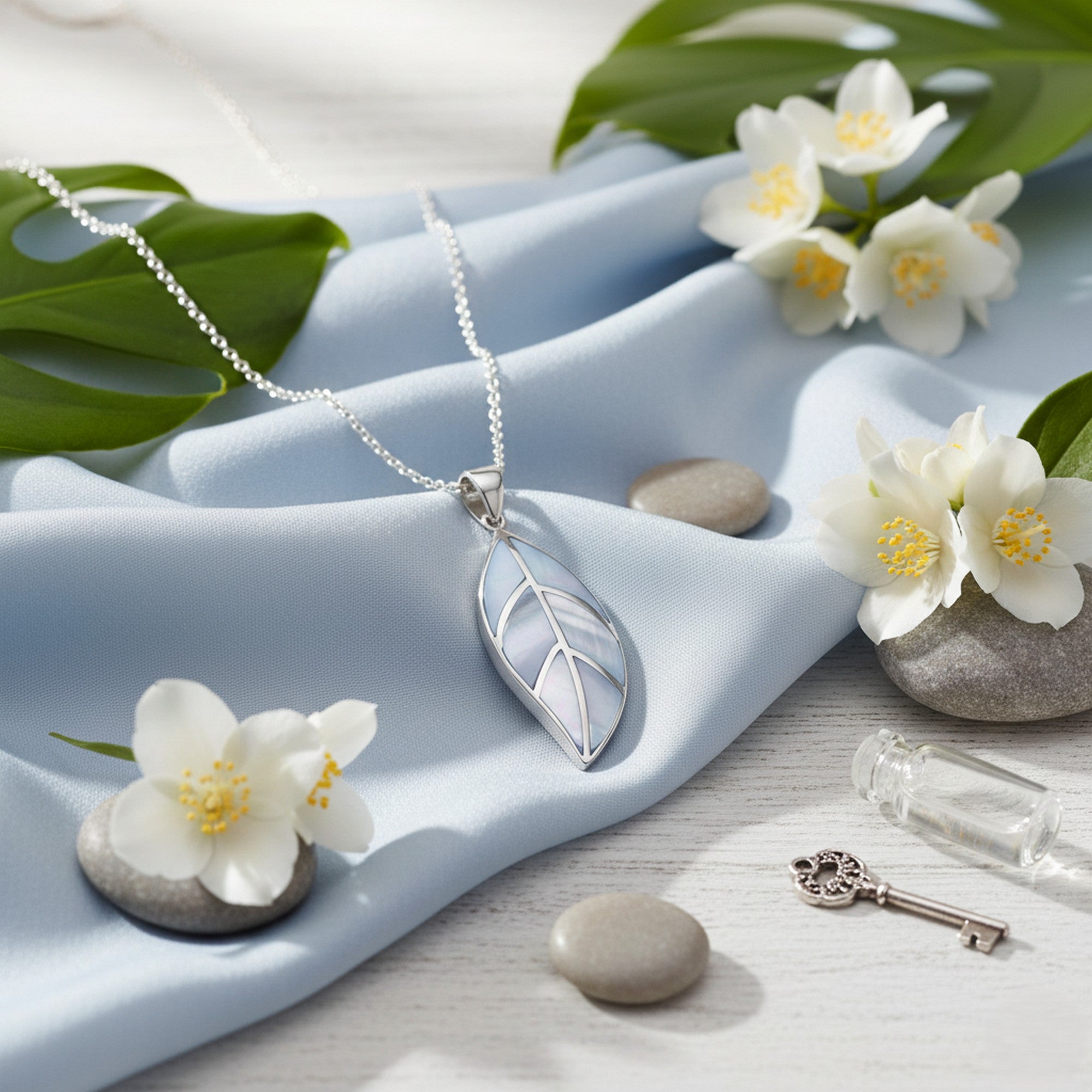 Sterling Silver 18" Chain & Veined Blue Mother of Pearl Necklace CE-R3740/B