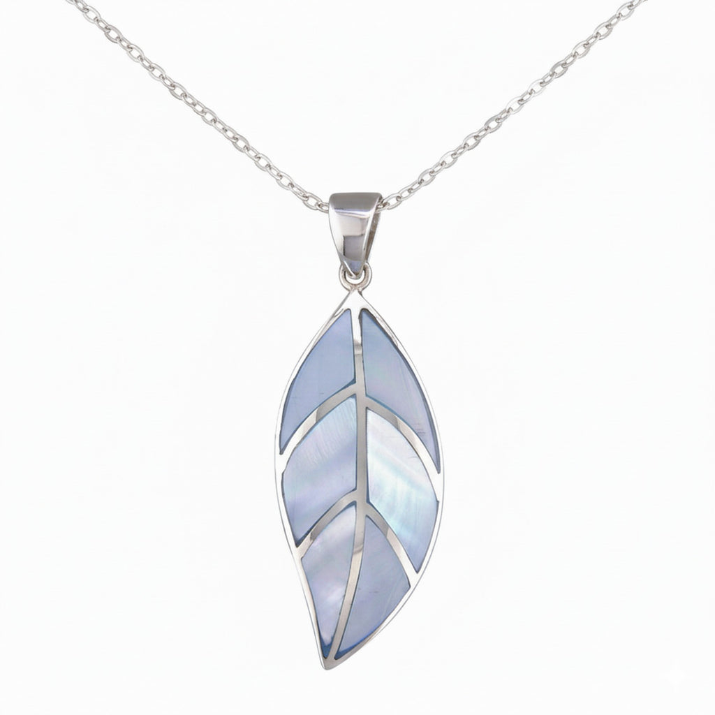 Sterling Silver 18" Chain & Veined Blue Mother of Pearl Necklace 2421