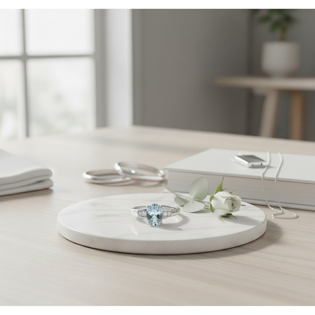 9ct White Gold Oval Aquamarine & 0.01pts Diamond Ring RD466WAQWIT