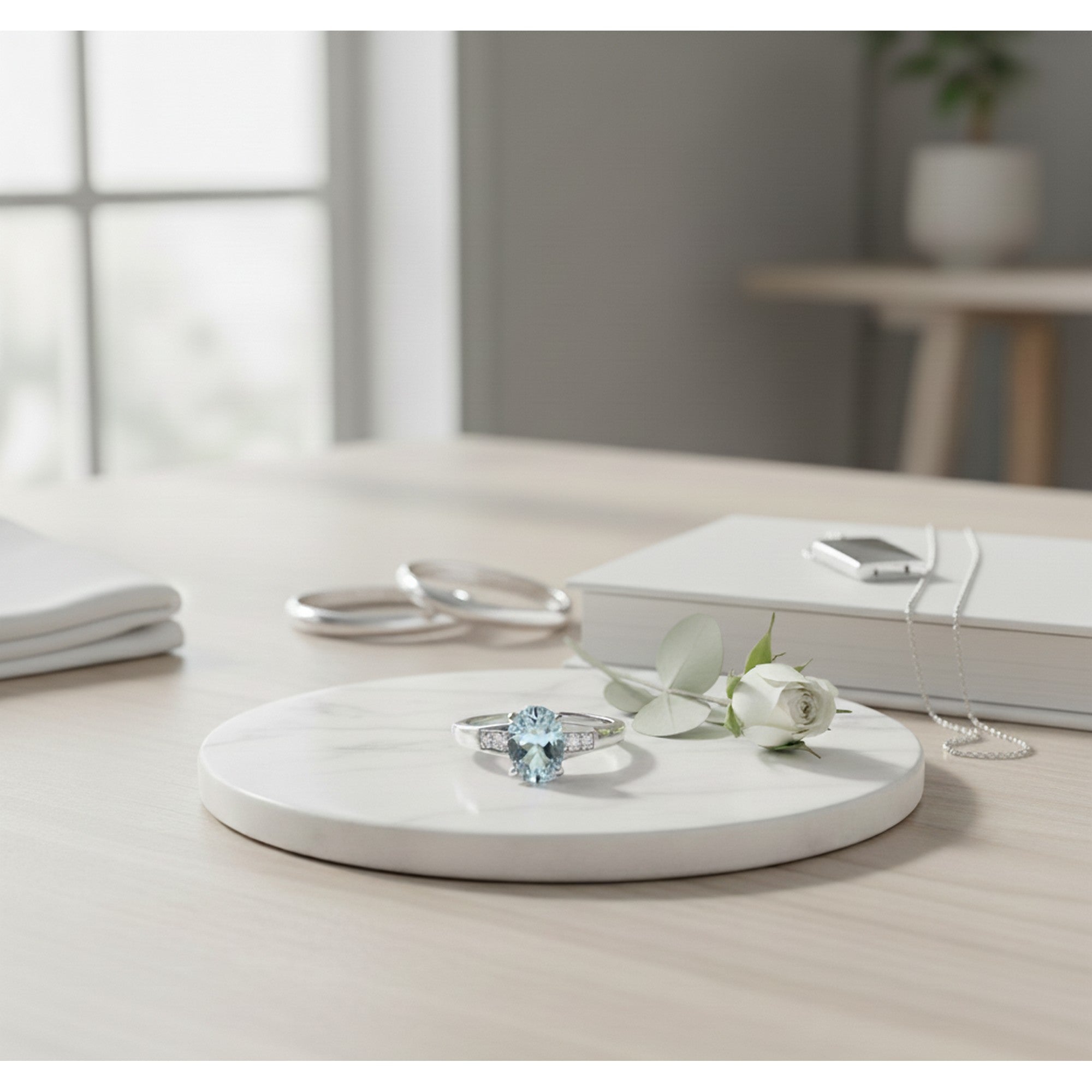 9ct White Gold Oval Aquamarine & 0.01pts Diamond Ring RD466WAQWIT