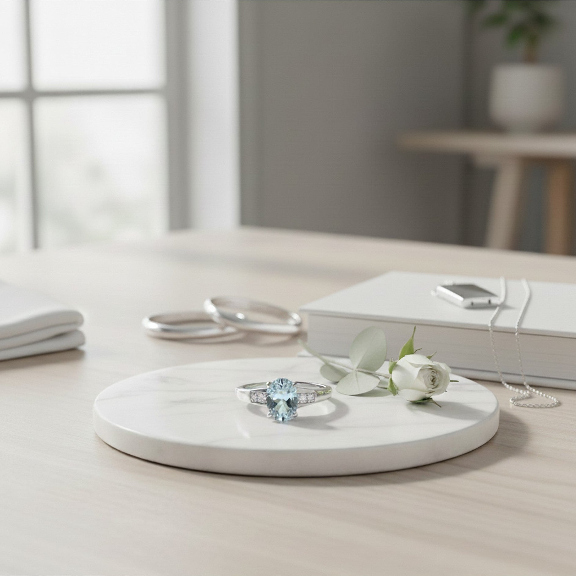 9ct White Gold Oval Aquamarine & 0.01pts Diamond Ring RD466WAQWIT