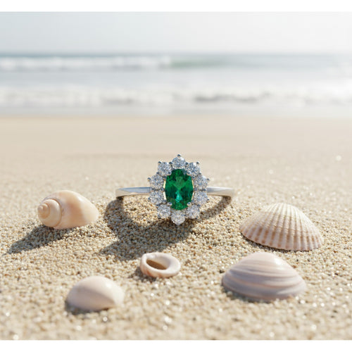 9ct White Gold Large Cluster Emerald & 0.82ct Diamond Ring 6606