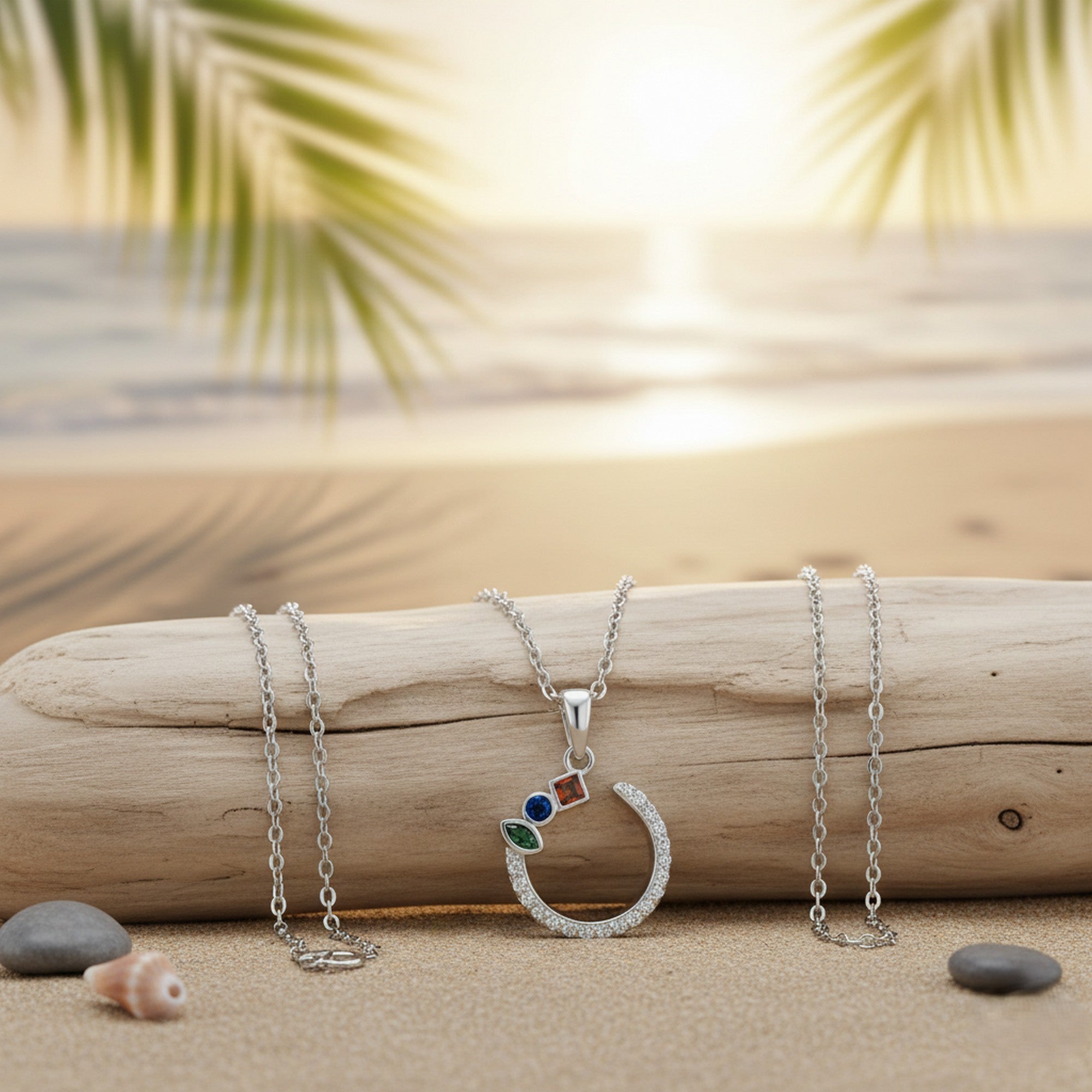 Sterling Silver 18" Abstract Half Circle Multi-Coloured & Clear Necklace KE-SN135C